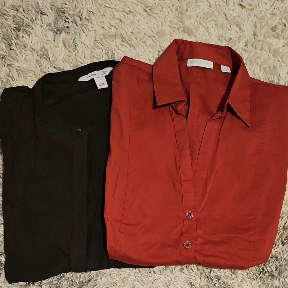New York & Company Button-up Stretch Shirt & ON Hidden Button Tunic Shirt, SizeL
